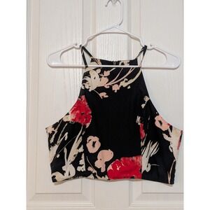Abercrombie & Fitch Floral High Neck Halter Crop Top Black Red Women's Large